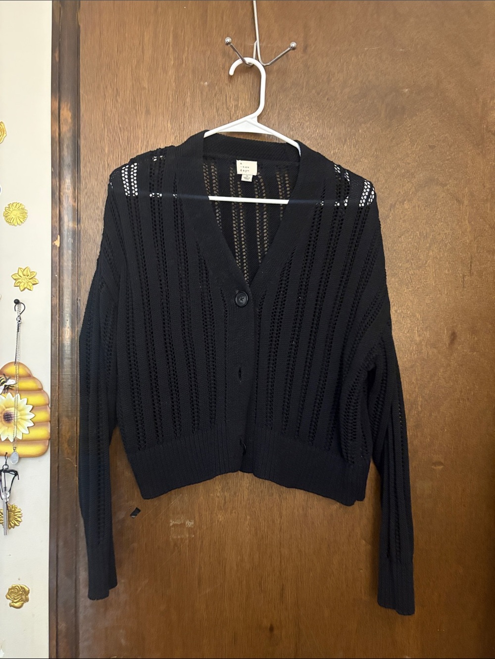 a new day Black Open-Knit V-Neck Button Cardigan